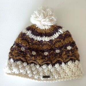 PrAna Wool Blend Beanie Knit Hat in Cream Tan Brown with Cream Pom Fleece Lined